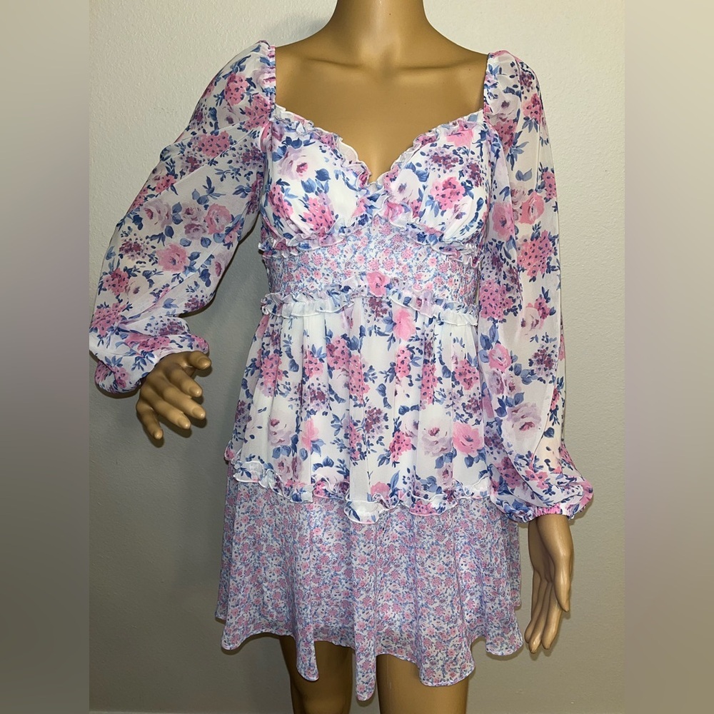 B Darlin White Dress with Pink and Blue Floral Ruffle